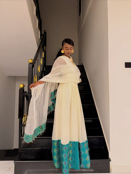 Emerald Green & Teal Diamond Habesha Kemis Geometric Border Handloomed Traditional Ethiopian Clothing 1203