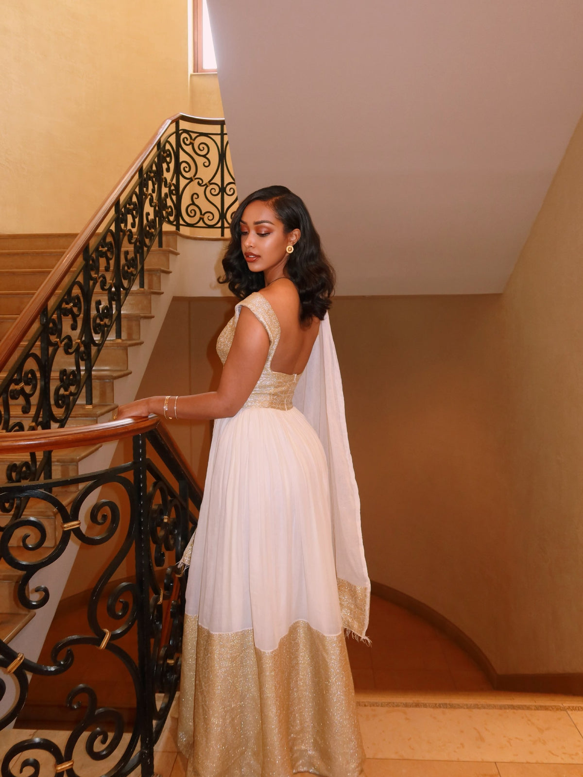 Opulent Metallic Gold Bodice Habesha Dress Boat Neck Sleeveless Handwoven Ethiopian Clothing 1206