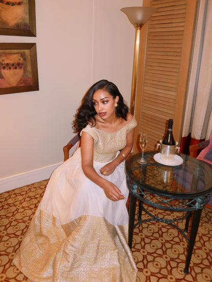Opulent Metallic Gold Bodice Habesha Dress Boat Neck Sleeveless Handwoven Ethiopian Clothing 1206