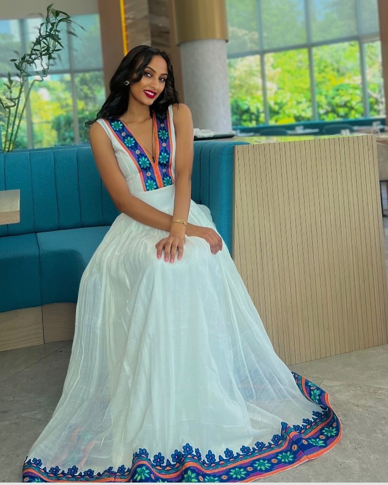 Vibrant Blue & Orange V-Neck Gown  Fine habesha cloth