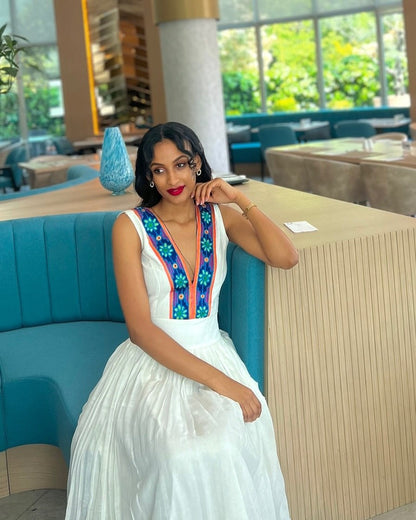 Royal Blue & Orange Floral Ethiopian Dress V-Neck Sleeveless Habesha Kemis For Festive 1207
