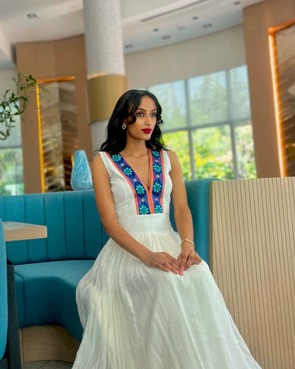 Royal Blue & Orange Floral Ethiopian Dress V-Neck Sleeveless Habesha Kemis For Festive 1207