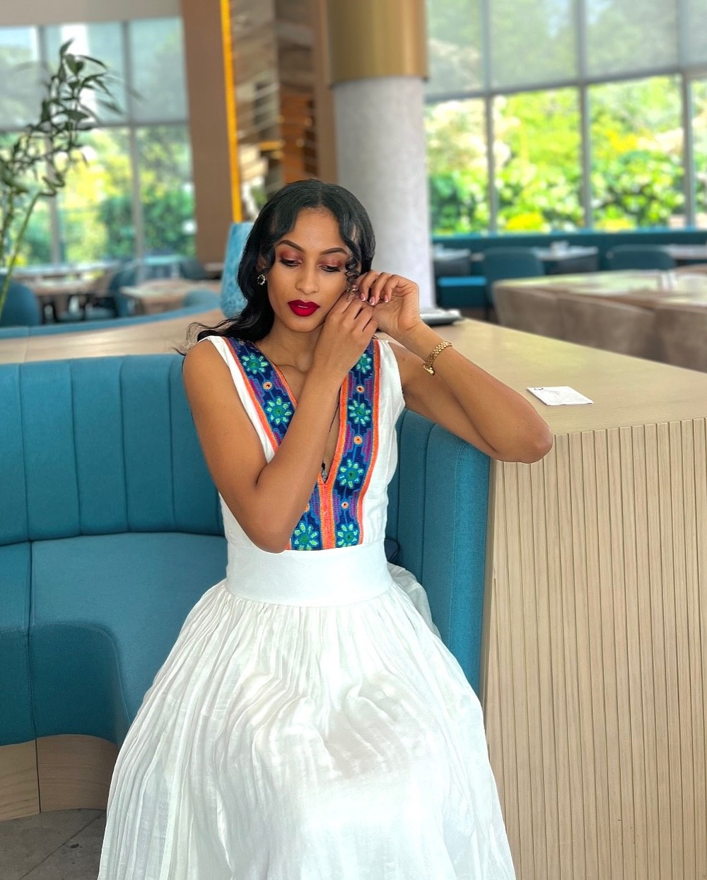 Royal Blue & Orange Floral Ethiopian Dress V-Neck Sleeveless Habesha Kemis For Festive 1207
