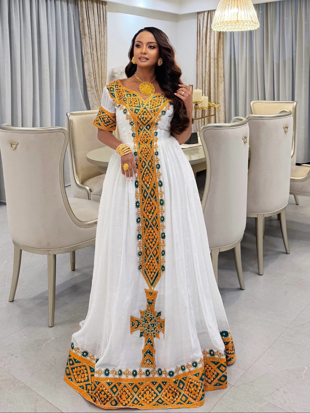Golden Yellow & Emerald Green Mosaic Yoke Short Sleeve Habesha Kemis Charming Ethiopian dress Gown 1208