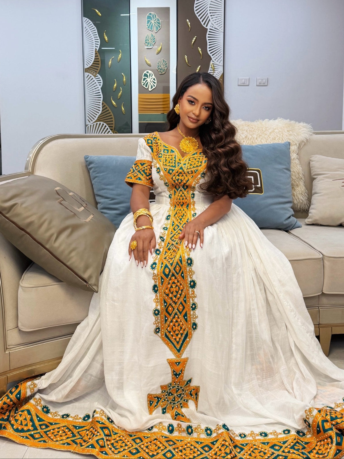 Golden Yellow & Emerald Green Mosaic Yoke Short Sleeve Habesha Kemis Charming Ethiopian dress Gown 1208