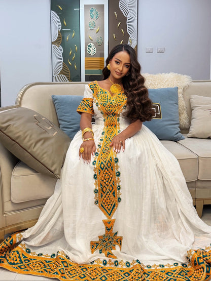 Golden Yellow & Emerald Green Mosaic Yoke Short Sleeve Habesha Kemis Charming Ethiopian dress Gown 1208