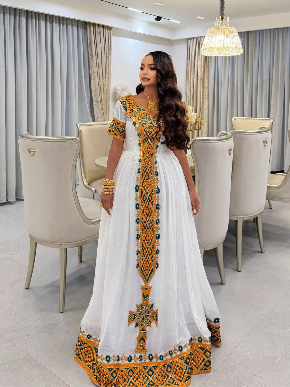 Golden Yellow & Emerald Green Mosaic Yoke Short Sleeve Habesha Kemis Charming Ethiopian dress Gown 1208