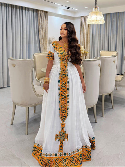 Golden Yellow & Emerald Green Mosaic Yoke Short Sleeve Habesha Kemis Charming Ethiopian dress Gown 1208