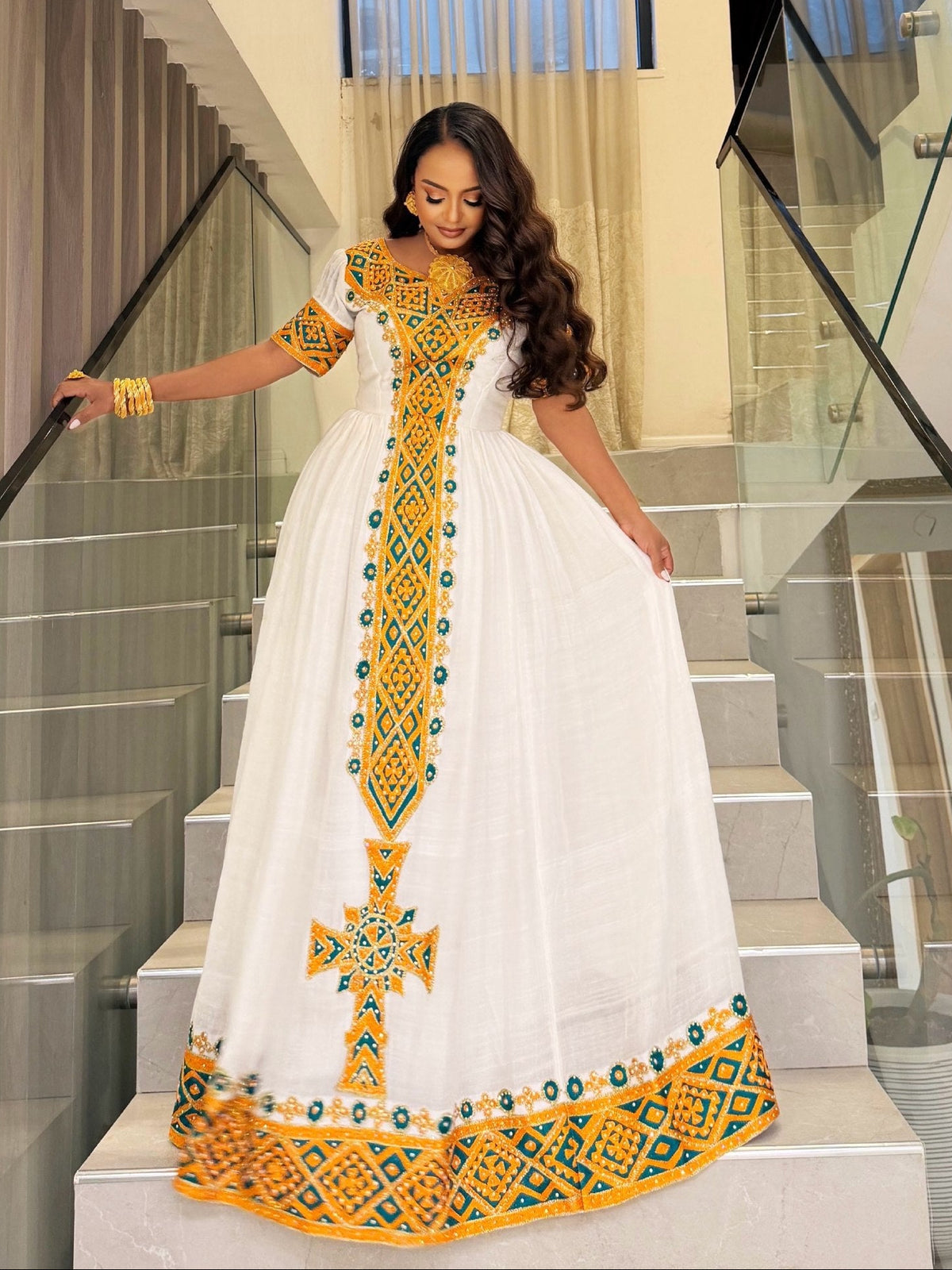 Golden Yellow & Emerald Green Mosaic habesha kemis habesha dress
