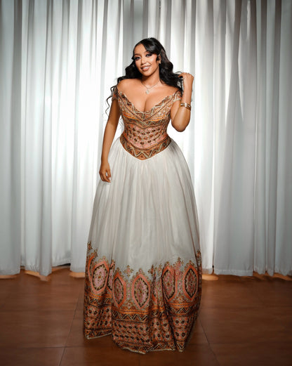 Off-Shoulder Peach & Bronze Embroidered Corset Habesha Dress Habesha Traditional Dress For Wedding 1209