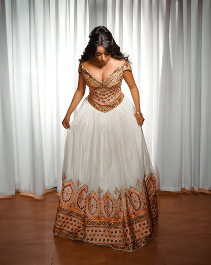 Off-Shoulder Peach & Bronze Embroidered Corset Habesha Dress Habesha Traditional Dress For Wedding 1209