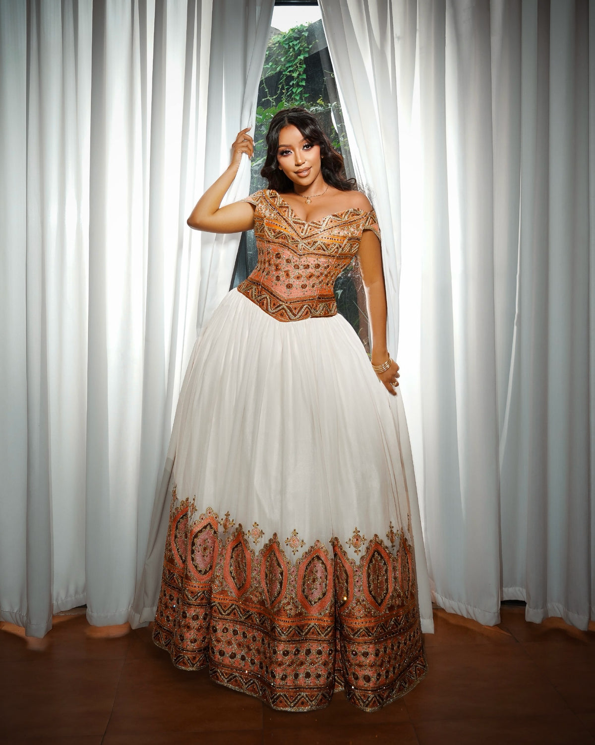 Off-Shoulder Peach & Bronze Embroidered Corset Habesha Dress Habesha Traditional Dress For Wedding 1209