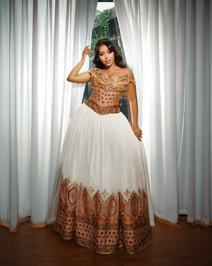 Off-Shoulder Peach & Bronze Embroidered Corset Habesha Dress Habesha Traditional Dress For Wedding 1209