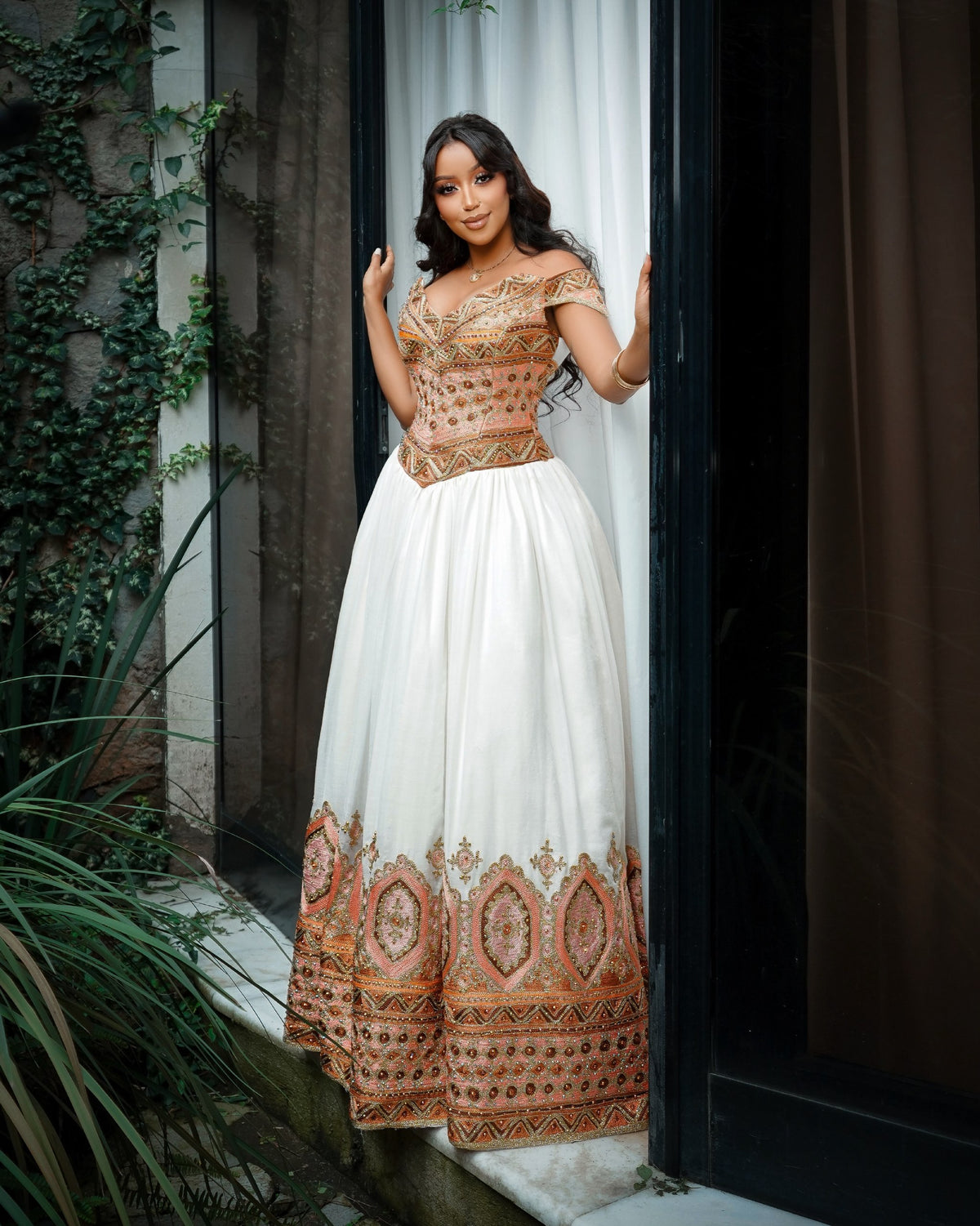 Off-Shoulder Peach & Bronze Embroidered Corset Habesha Dress Habesha Traditional Dress For Wedding 1209