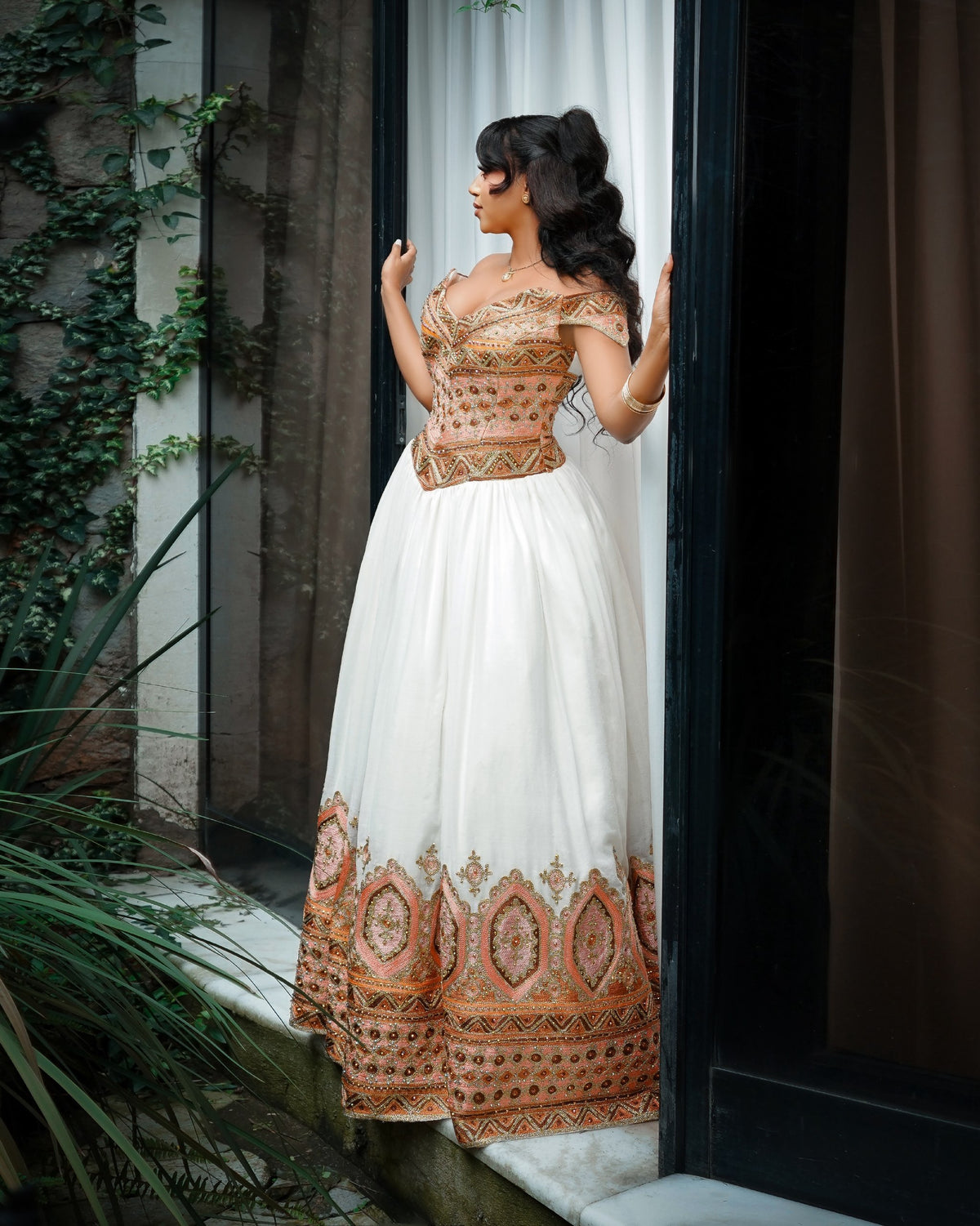 Off-Shoulder Peach & Bronze Embroidered Corset Habesha Dress Habesha Traditional Dress For Wedding 1209