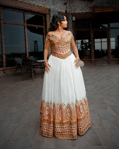 Royal Peach & Bronze Corset ethiopian wedding dress Fine Habesha Cloth