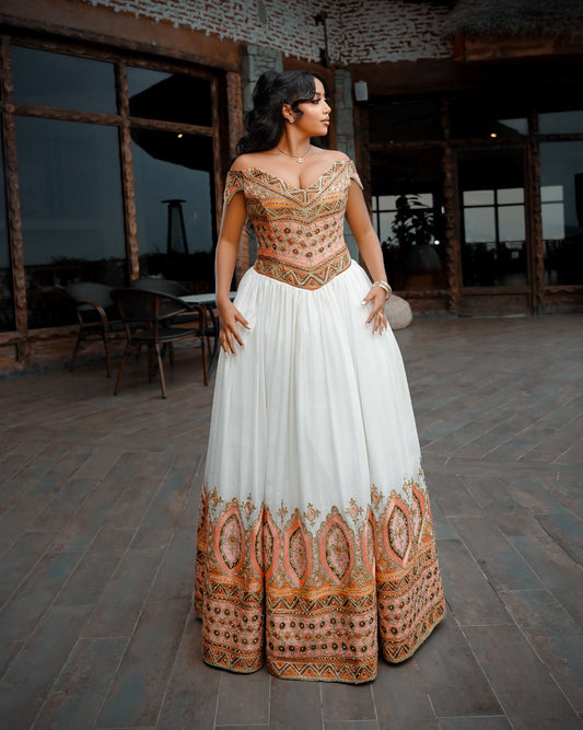 Royal Peach & Bronze Corset ethiopian wedding dress Fine Habesha Cloth