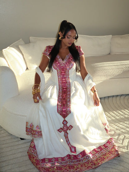 Crimson Red & Gold Ethiopian Clothing V-Neck Habesha Dress For Timeless Elegance 1210