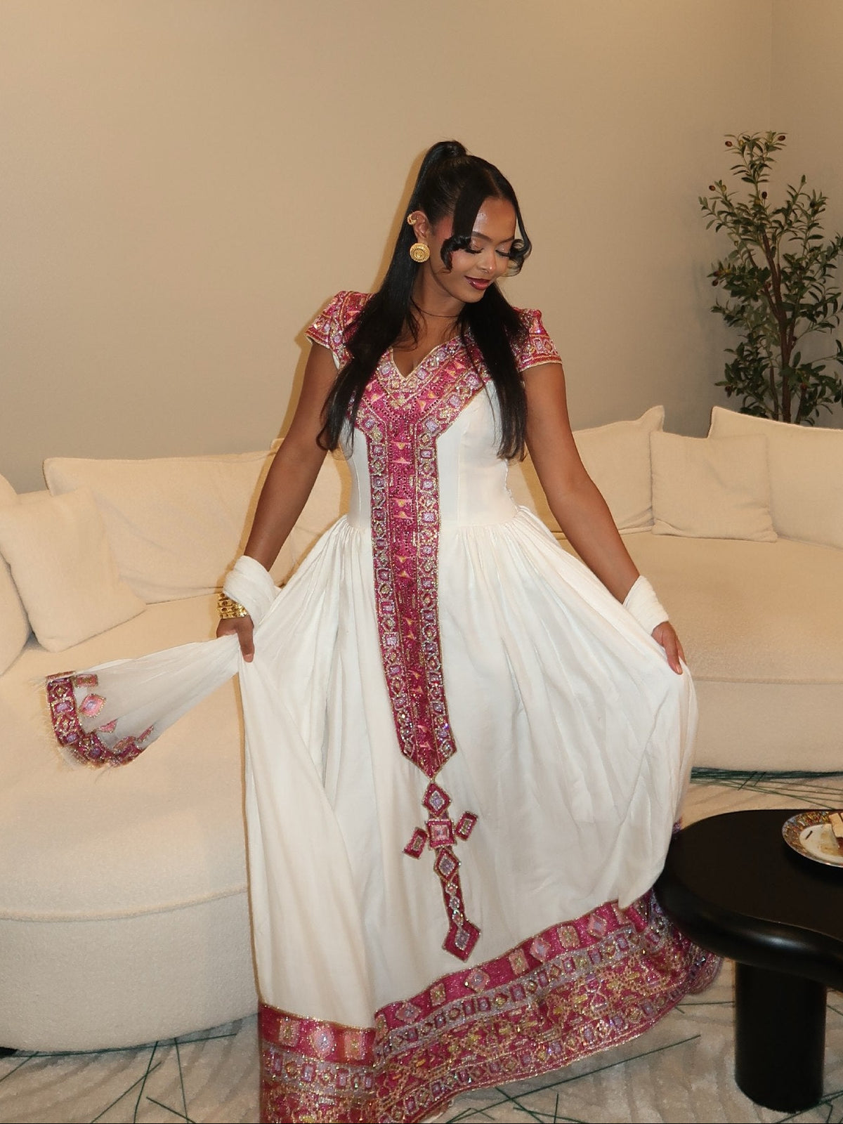 Crimson Red & Gold Ethiopian Clothing V-Neck Habesha Dress For Timeless Elegance 1210