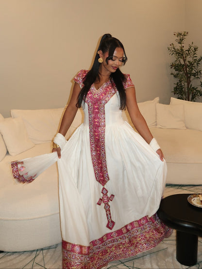 Crimson Red & Gold Ethiopian Clothing V-Neck Habesha Dress For Timeless Elegance 1210