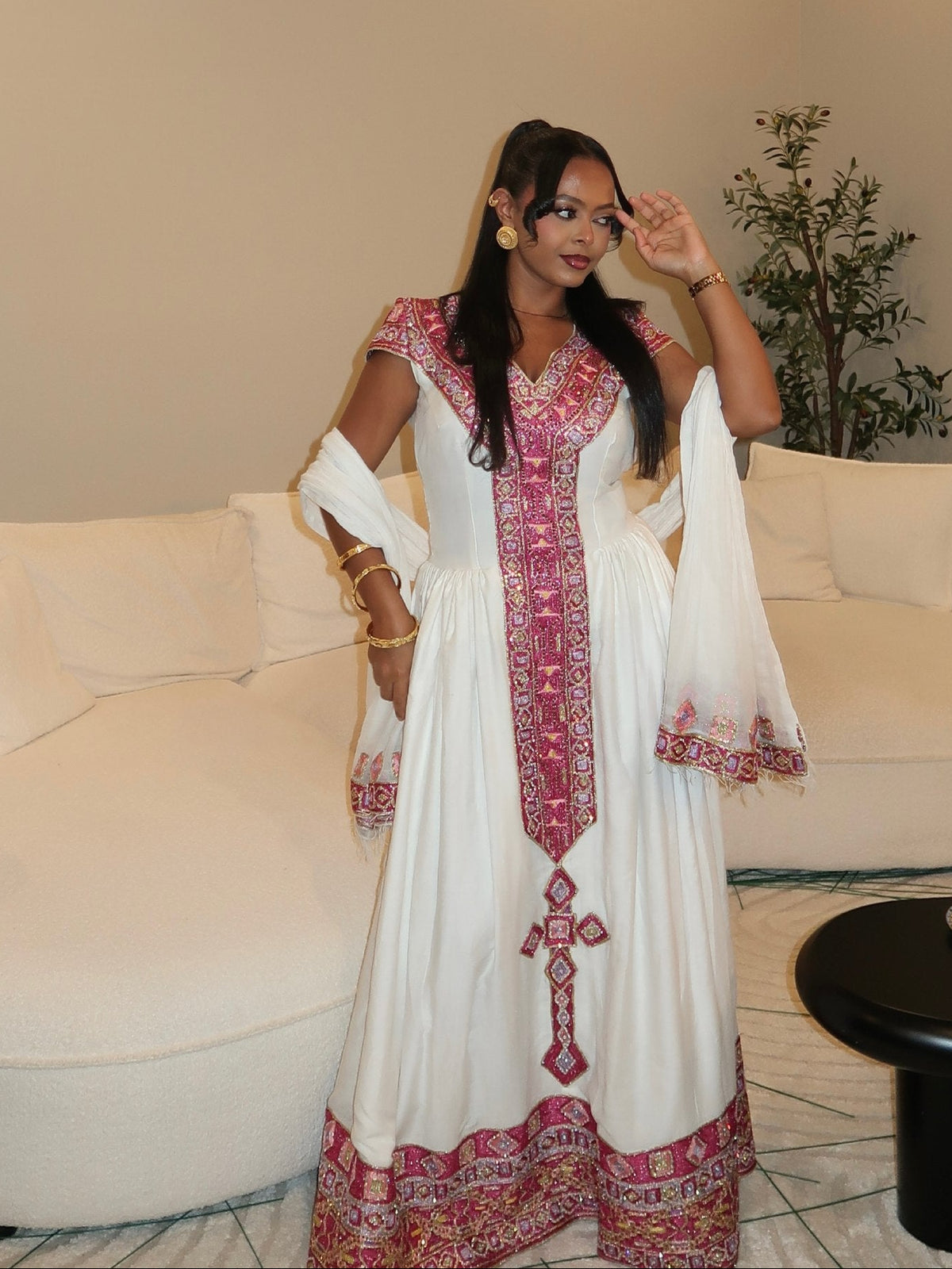 Crimson Red & Gold Tapestry Gown | Fine habesha cloth