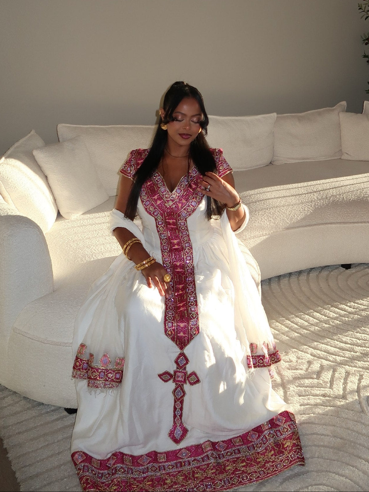 Crimson Red & Gold Ethiopian Clothing V-Neck Habesha Dress For Timeless Elegance 1210