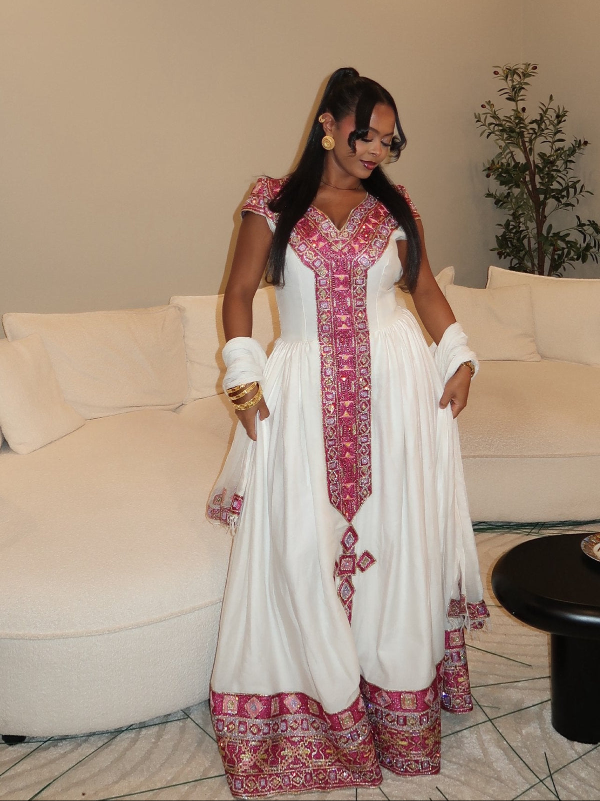 Crimson Red & Gold Ethiopian Clothing V-Neck Habesha Dress For Timeless Elegance 1210