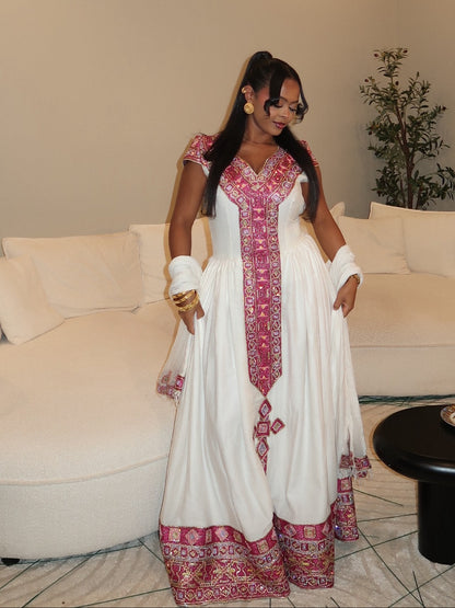 Crimson Red & Gold Ethiopian Clothing V-Neck Habesha Dress For Timeless Elegance 1210