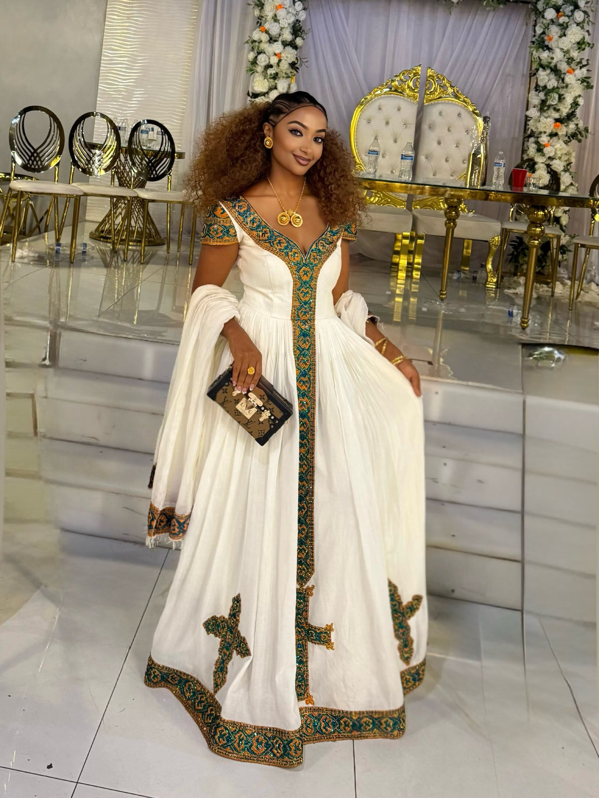 Royal Teal & Gold V-Neck Gown Fine habesha cloth