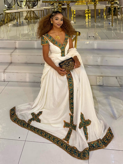 Royal Teal & Gold Embroidered Habesha Dress V-Neck Traditional Ethiopian dress Classic Habesha Kemis 1211