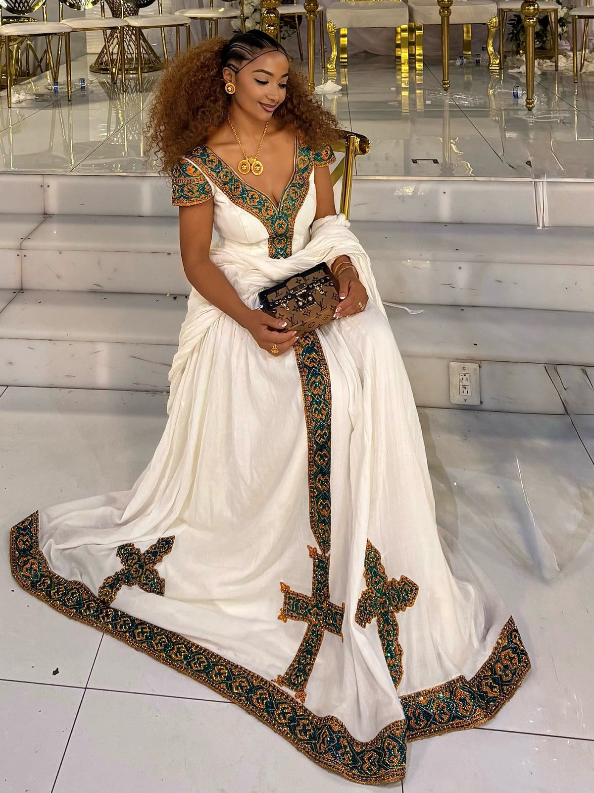 Royal Teal & Gold Embroidered Habesha Dress V-Neck Traditional Ethiopian dress Classic Habesha Kemis 1211