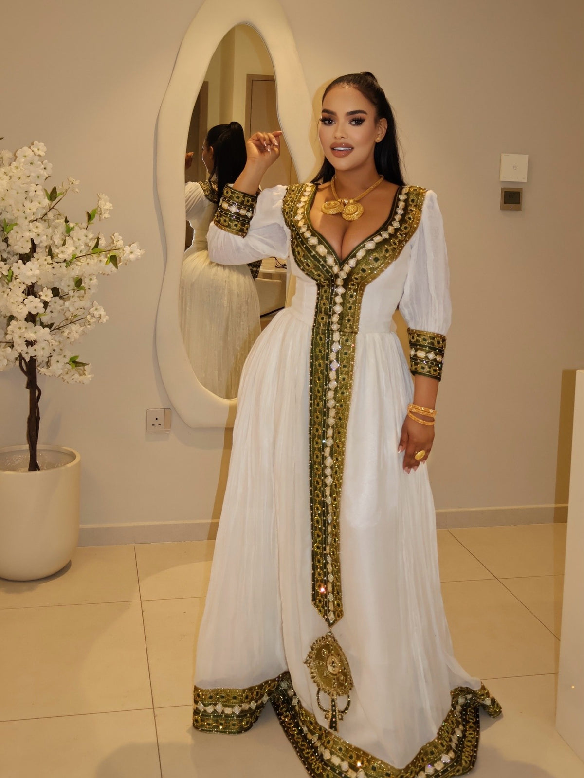Olive Green & Gold Embroidered Habesha Kemis V-Neck Three-Quarter Sleeve Habesha Dress 1212