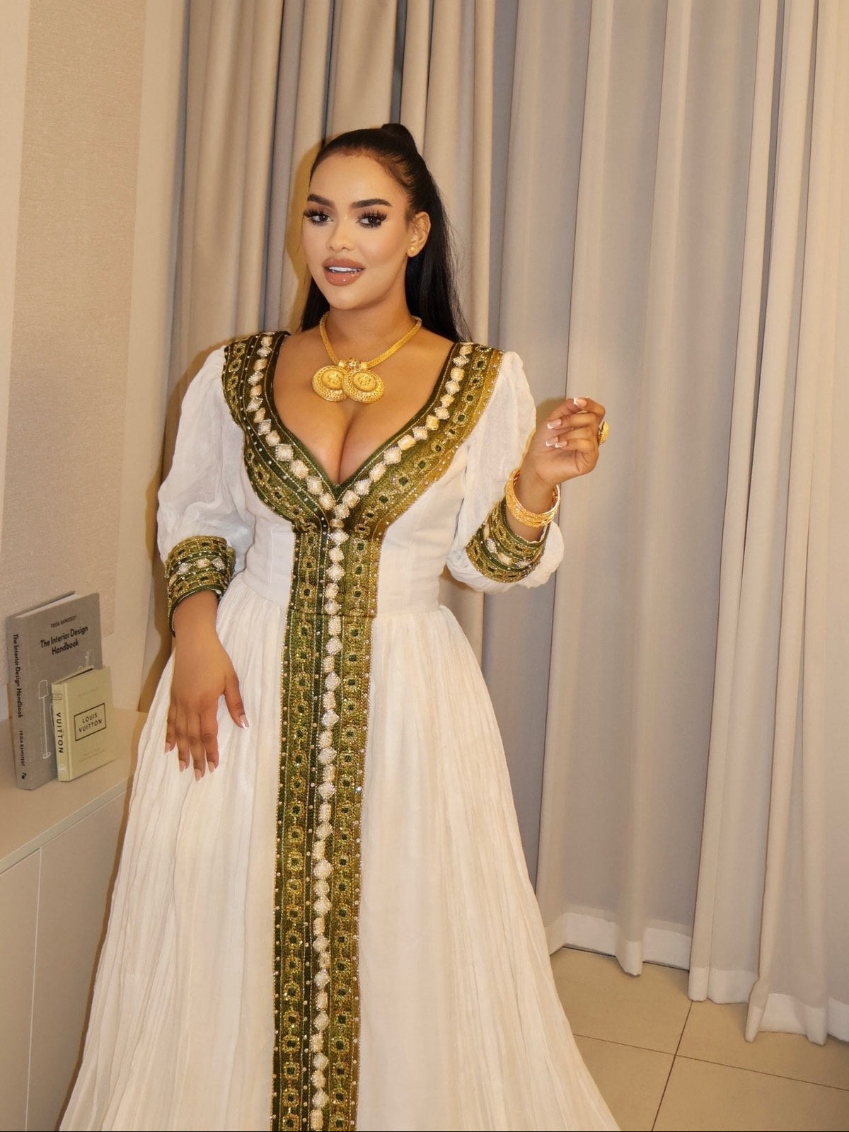 Olive Green & Gold Embroidered Habesha Kemis V-Neck Three-Quarter Sleeve Habesha Dress 1212