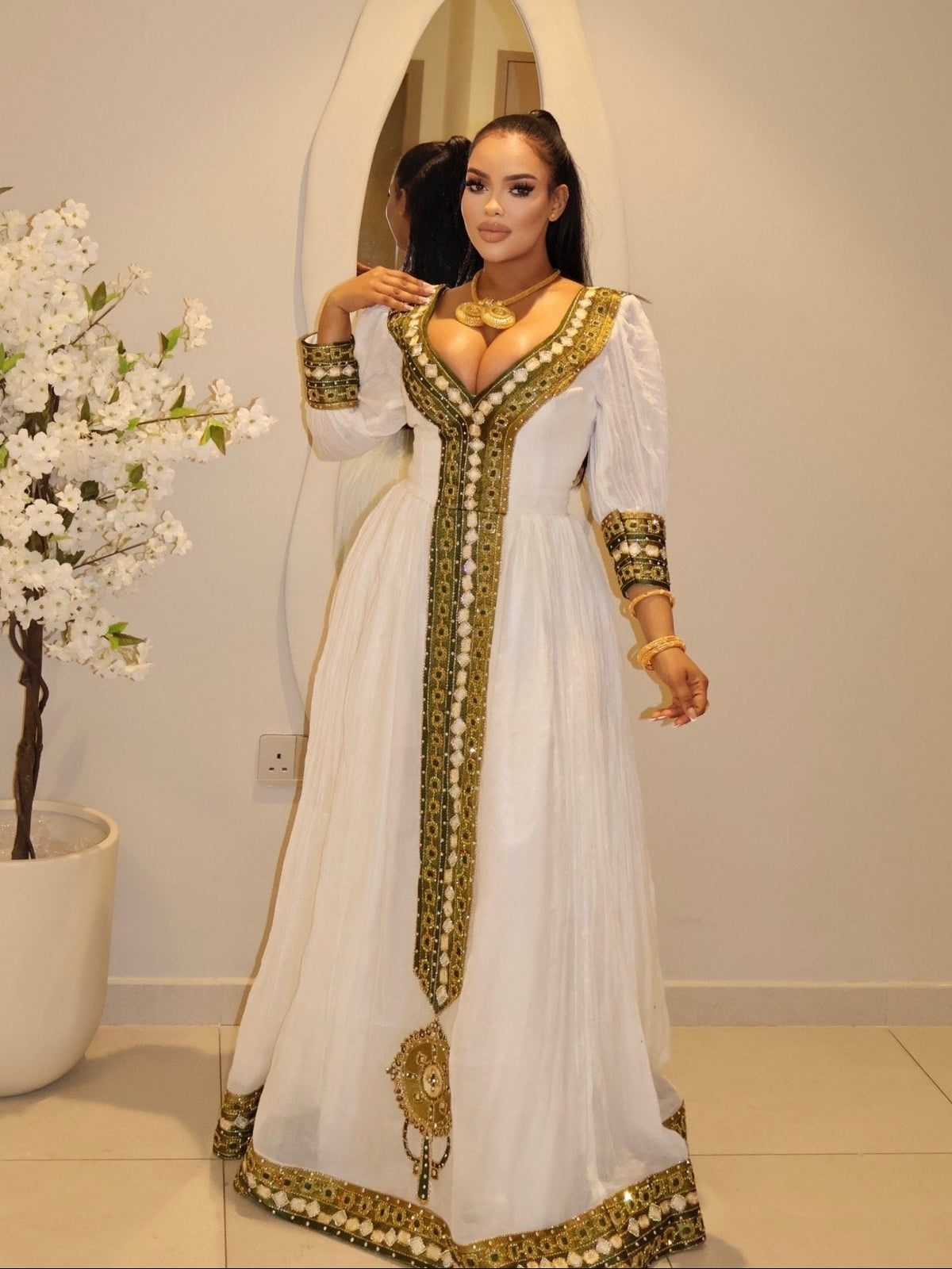  V-Neck Three-Quarter Sleeve Traditional Ethiopian dress Gown   