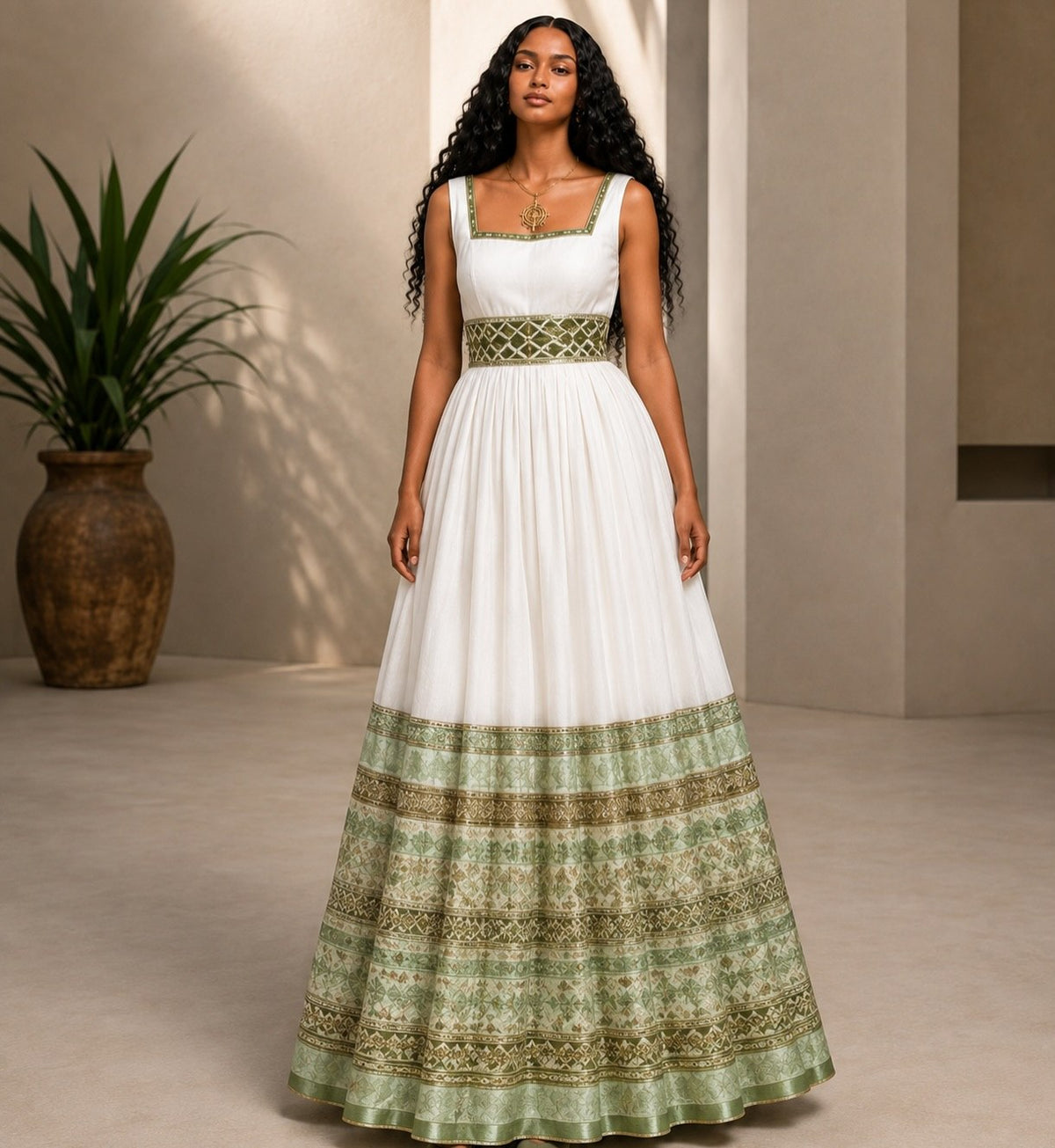 Browse AI-Generated Habesha Kemis Online Sage & Bronze Ethiopian Traditional Dress   