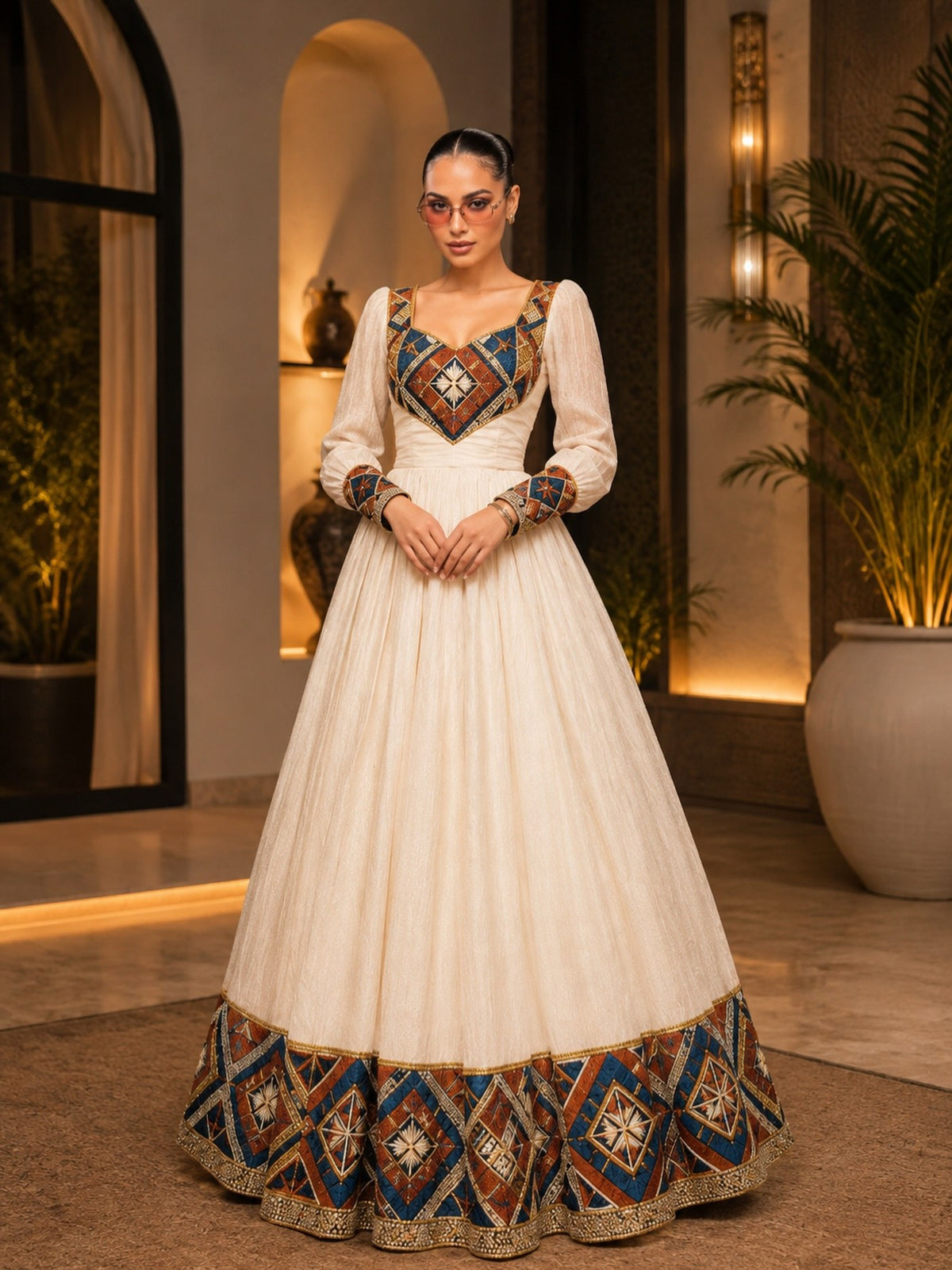 Order AI-Generated Habesha Kemis Online Royal Blue & Rust Ethiopian Traditional Dress   