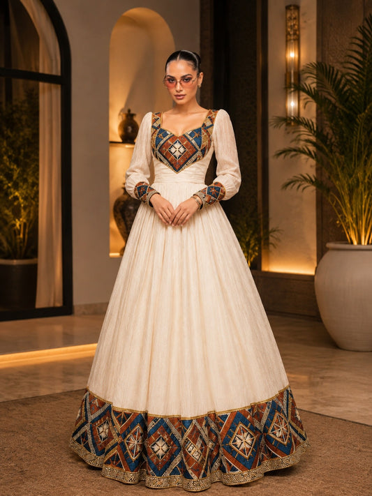 Order AI-Generated Habesha Kemis Online Royal Blue & Rust Ethiopian Traditional Dress   