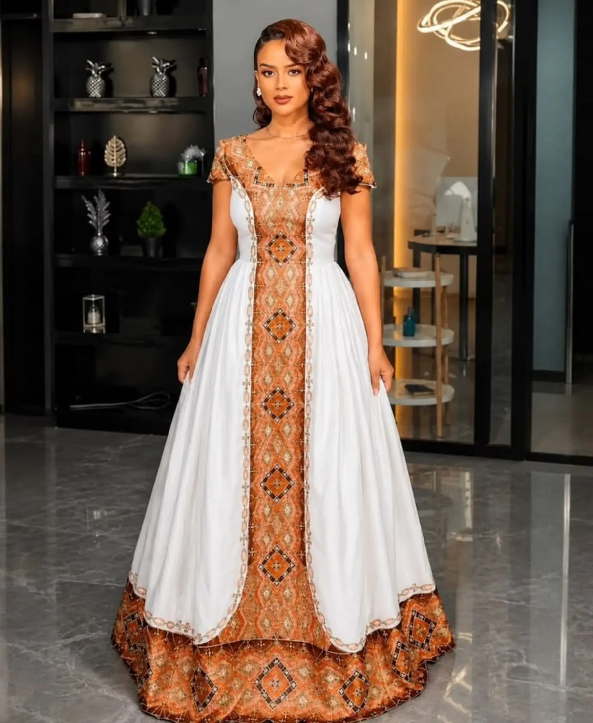 Shop AI-Generated Habesha Kemis Online Bronze Diamond Ethiopian Traditional Dress