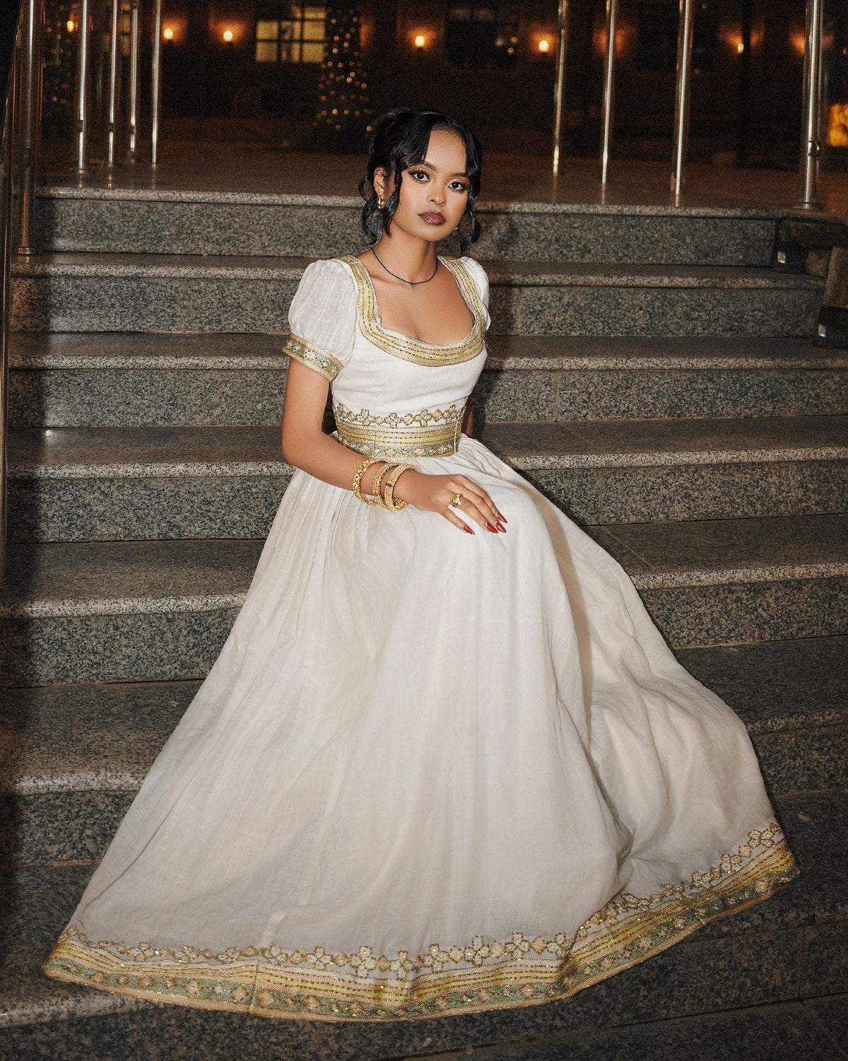 Classic Gold Filigree Scoop Neck Habesha Kemis Puff Sleeve Traditional Ethiopian dress Gown 1215