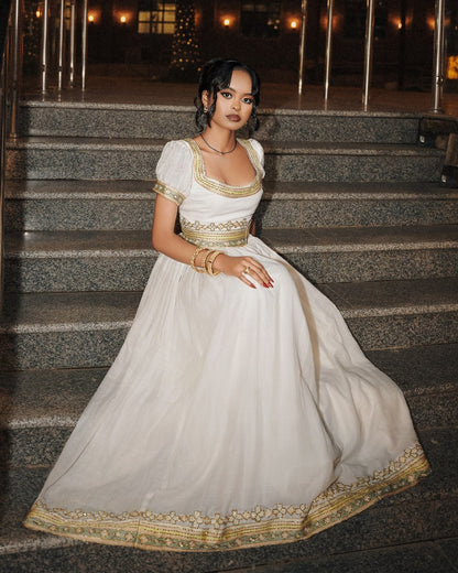 Classic Gold Filigree Scoop Neck Habesha Kemis Puff Sleeve Traditional Ethiopian dress Gown 1215