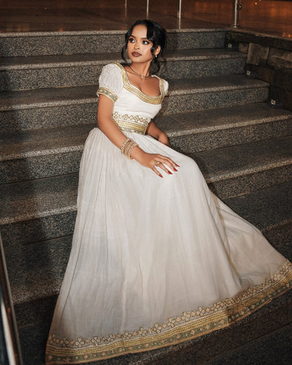 Classic Gold Filigree Scoop Neck Habesha Kemis Puff Sleeve Traditional Ethiopian dress Gown 1215