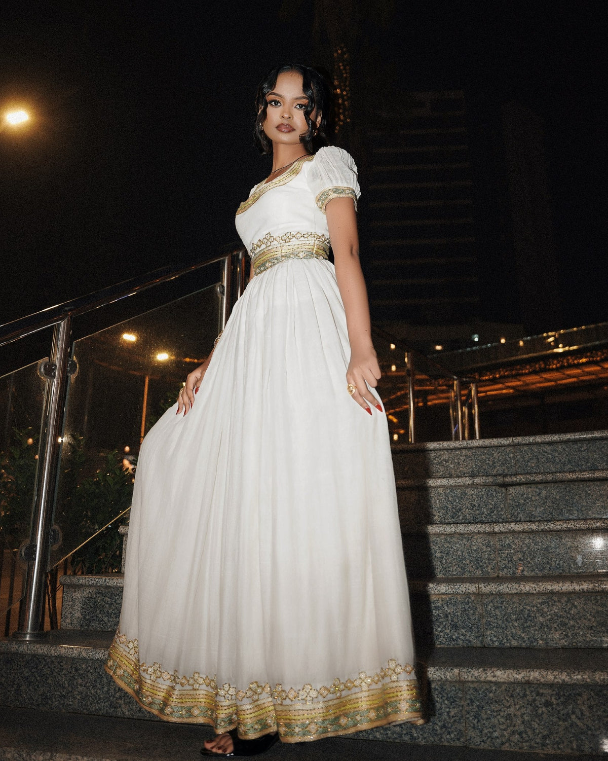 Classic Gold Filigree Scoop Neck Habesha Kemis Puff Sleeve Traditional Ethiopian dress Gown 1215