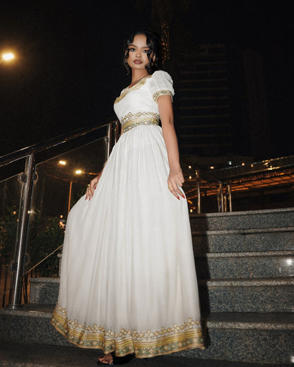 Classic Gold Filigree Scoop Neck Habesha Kemis Puff Sleeve Traditional Ethiopian dress Gown 1215