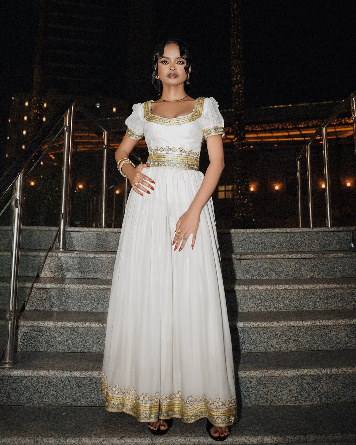 Classic Gold Filigree Puff Sleeve Gown Fine habesha cloth
