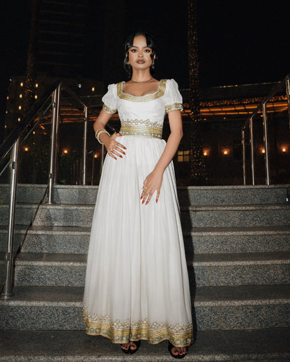 Classic Gold Filigree Puff Sleeve Gown Fine habesha cloth
