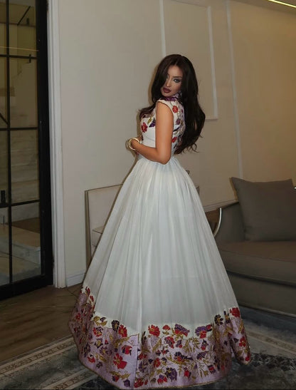 Floral V-Neck Embroidered Sleeveless Habesha kemis Gown Charming Ethiopian Clothing & Habesha Dress 1216
