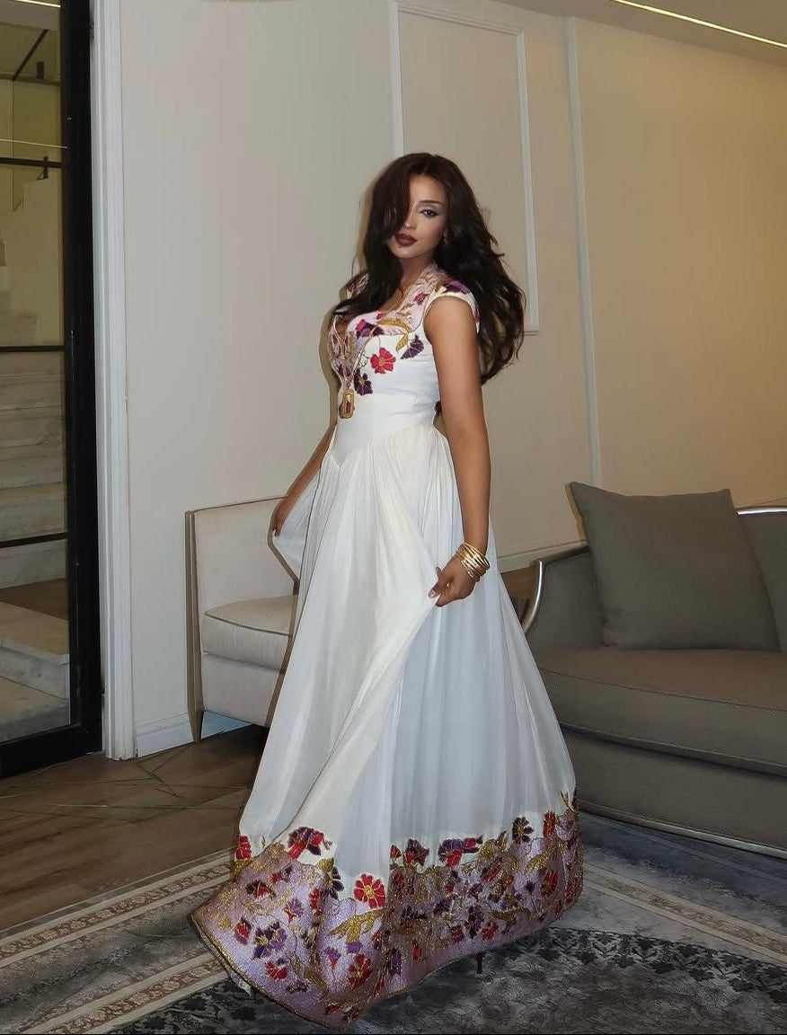 Floral V-Neck Embroidered Sleeveless Habesha kemis Gown Charming Ethiopian Clothing & Habesha Dress 1216