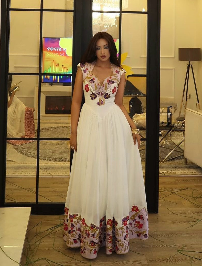 Vibrant Floral V-Neck Gown Habesha Kemis Design