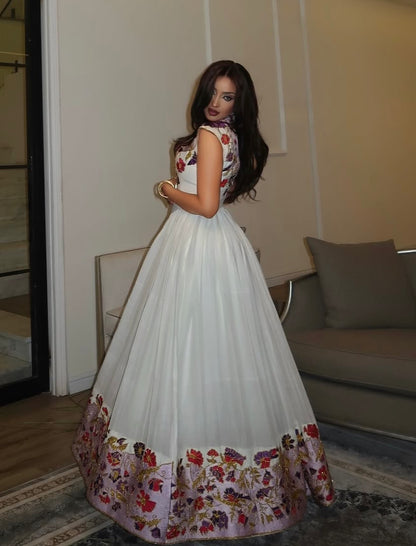 Floral V-Neck Embroidered Sleeveless Habesha kemis Gown Charming Ethiopian Clothing & Habesha Dress 1216