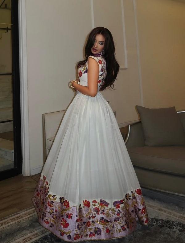 Floral V-Neck Embroidered Sleeveless Habesha kemis Gown Charming Ethiopian Clothing & Habesha Dress 1216
